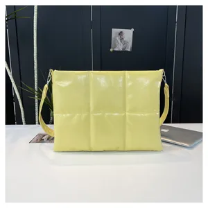 Yellow padded laptop shoulder bag, 15.6 inch quilted computer sleeve, stylish PU crossbody bag.
