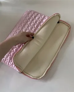 Pink quilted heart laptop sleeve cute plush lined tablet storage pouch case 11 13 inch