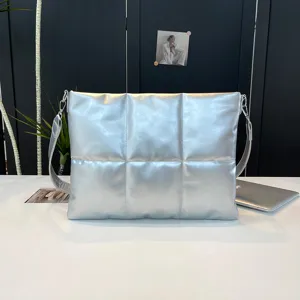 Silver quilted laptop shoulder bag, padded puffer messenger bag for 15.6 inch notebook iPad.