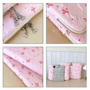 Cute pink bow laptop sleeve and ipad bag with clover metal zipper charm for office and school