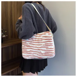 Korean style fuzzy zebra print shoulder bag plush tablet sleeve soft fluffy crossbody bag