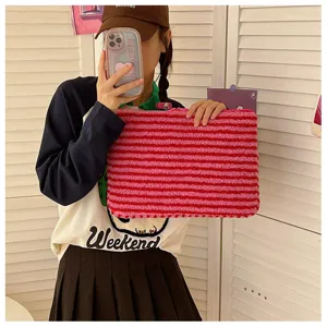 Fluffy striped laptop sleeve case soft plush tablet bag for 14 15 inch notebooks