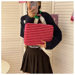 Fluffy striped laptop sleeve fleece tablet storage bag for 14 and 15 inch computer