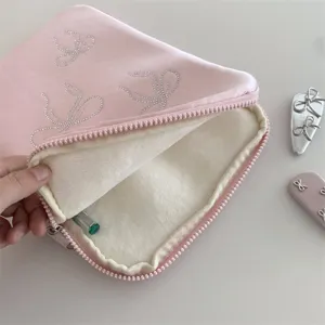 Cute pink rhinestone bow laptop sleeve inner plush velvet lining detail view for tablet storage