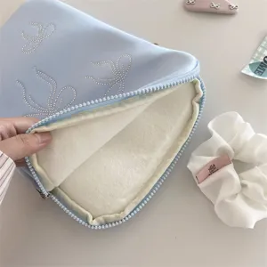 Cute rhinestone bow laptop sleeve, soft plush inner lining, blue tablet case bag.