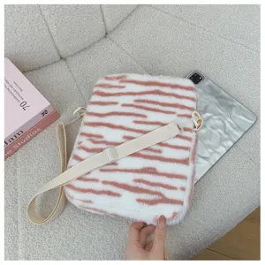 Fluffy tiger stripe tablet sleeve shoulder bag plush cute crossbody bag for 11 inch