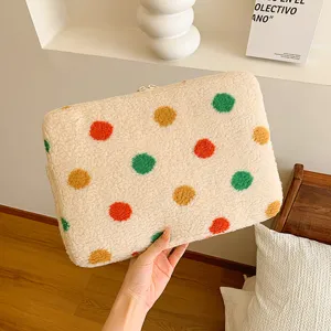 Cute fuzzy laptop sleeve plush tablet storage bag with colorful polka dots cozy design