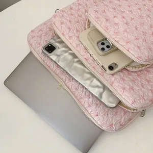 Pink quilted bow 13 inch laptop sleeve set, stylish aesthetic tablet case and storage bag.