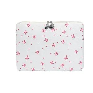 Korean style cute pink bow laptop sleeve and tablet storage bag with chic metallic charms