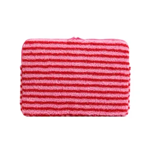 Pink red striped fuzzy laptop sleeve cozy fleece tablet storage bag for 14 15 inch device daily use