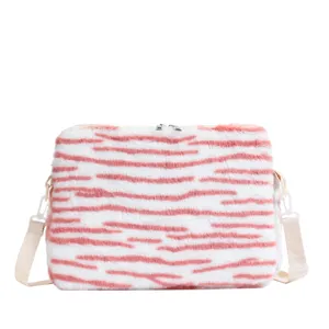 Fluffy pink tiger stripe tablet sleeve cute plush laptop bag soft crossbody shoulder bags