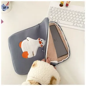 Grey tablet sleeve with cute duck embroidery, soft inner lining and secure zipper closure.