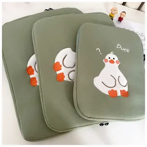 Cute green tablet sleeve set, aesthetic laptop inner bag with lovely duck embroidery design.