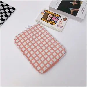 Cute pink grid laptop sleeve, soft padded tablet case, aesthetic 14 inch computer bag.