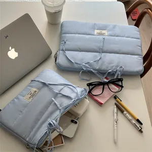 Funda para portátil acolchada azul estilo coreano 14 pulgadas bonito lazo bolsa
