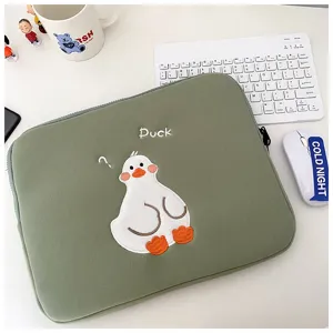 Cute embroidered duck green ipad tablet sleeve protective case with soft plush inner lining.