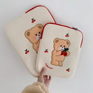 Ins Cute Embroidery Cherry Bear Laptop Sleeve Bag For Women Soft Padded Notebook Computer Pouch Case