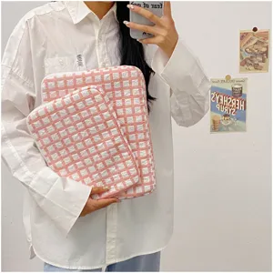 Korean style pink grid laptop sleeve and iPad inner bag, shockproof plush padded design.