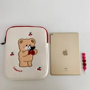 Cute embroidered bear tablet sleeve 11 13 inch laptop bag cherry pattern canvas organizer