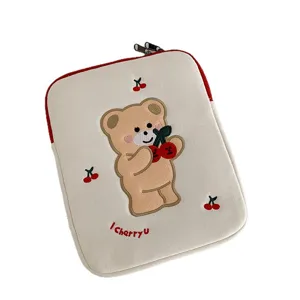 Cute embroidered bear laptop sleeve 11 13 inch aesthetic cute computer inner bag with cherry