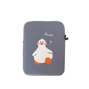 Cute cartoon duck embroidery tablet sleeve, soft grey protective pouch for iPad and devices.