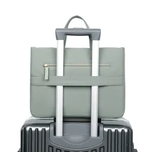 Minimalist commuter laptop tote bag for women, multi-functional travel shoulder bag, sage green.