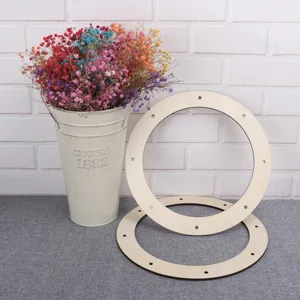 Wooden wreath frame for DIY craft decoration, wood circle cutout with holes for floral.