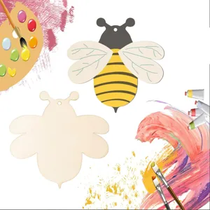 Wooden bee cutouts detail showing unpainted and painted craft pieces with painting tools for DIY.