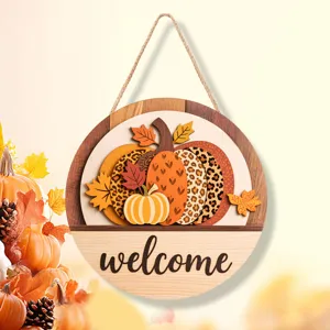 Autumn wooden welcome sign pumpkin hanging plaque for Thanksgiving day home door outdoor decor.