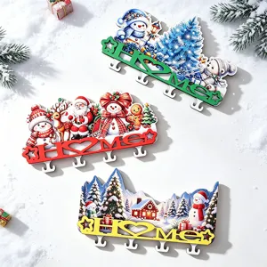 Christmas wooden key holder wall mount with cute cartoon snowman and tree hooks for home decor.