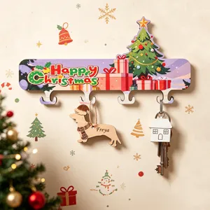 Christmas wooden key holder wall mounted festive decorative key rack with cute animal hooks