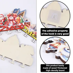 Christmas wooden key holder with adhesive hooks, wall mounted organizer for home decor.
