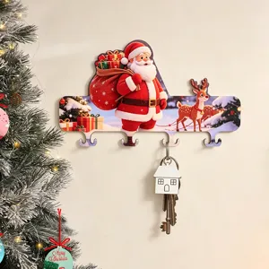 Christmas wooden key holder detail, decorative wall mount hook with Santa and reindeer.