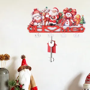 Christmas wooden key holder wall mounted decorative rack with cute cartoon santa snowman home text