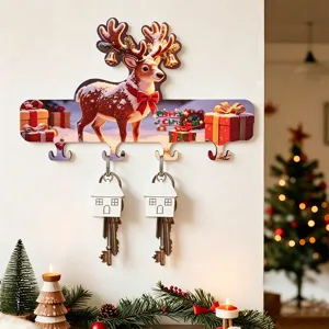 Christmas decorative wooden key hook with cute cartoon reindeer design for wall home decor.