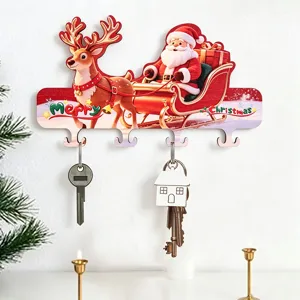 Christmas wooden key holder with cute reindeer and Santa design, featuring four hooks for wall decor.