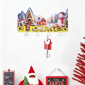 Christmas wooden key holder wall mount decorative key hook with snowman tree design for home decor