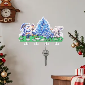 Christmas wooden key holder wall mount with cute snowman and bear for home holiday decor.