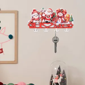Christmas wooden key holder wall mounted rack featuring cartoon Santa and snowman decor for home