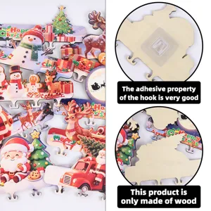 Christmas wooden wall hook rack with cute cartoon elk and snowman designs for home decor.
