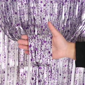 Rideau à franges argenté avec étoiles, parfait pour les fêtes d'anniversaire et les décors.