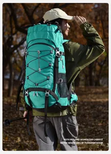 Outdoor hiking backpack detail view showcasing large capacity and durable outdoor materials.