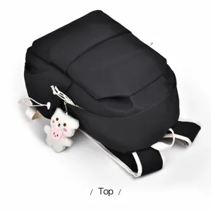Vista detallada de mochila negra con colgante de osito blanco y cordón ajustable superior.