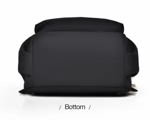 Vista detallada inferior de una mochila negra de color liso y diseño muy elegante.