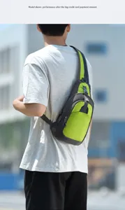 Detailed view of the stylish men's nylon sling chest bag worn outdoors by model during activity.
