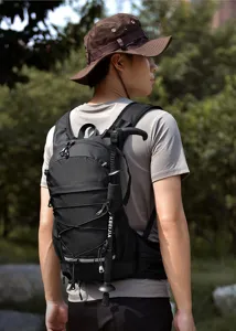 Outdoor tactical backpack detail shot, breathable mesh back system, black color.