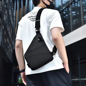 Men black sling chest bag detail view, casual outdoor waterproof streetwear daily wear.