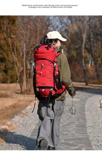 Outdoor hiking backpack detail view showcasing large capacity and multi-functional attachment straps.