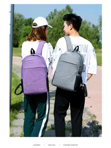 Outdoor casual travel laptop backpack detail view, featuring USB port and large capacity.