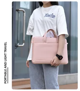 Rosa Laptoptasche Detailansicht, tragbare Aktentasche mit Griff und Fronttasche Design.